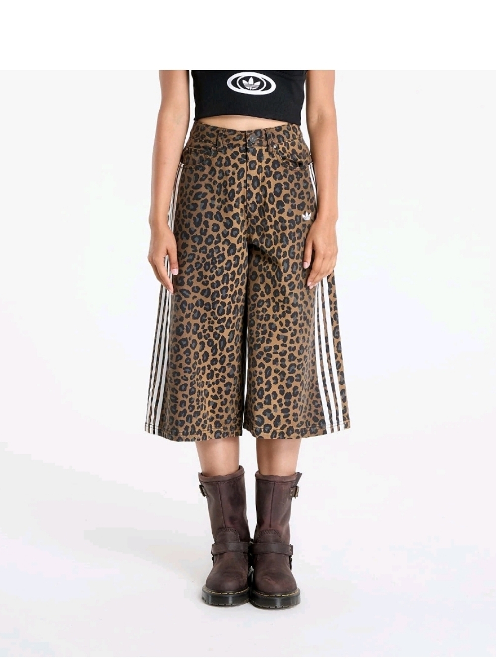 adidas NWT Leopard Print High Waisted Wide-Leg Brown Denim Bermuda Shorts/Jorts - Picture 3 of 14